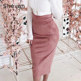 Shevan Midi High Waist Suede Skirt 2019 Winter Elegant Fashion Slim Bodycon Back Slit Brown Green Pink Sexy Pencil Skirt Women
