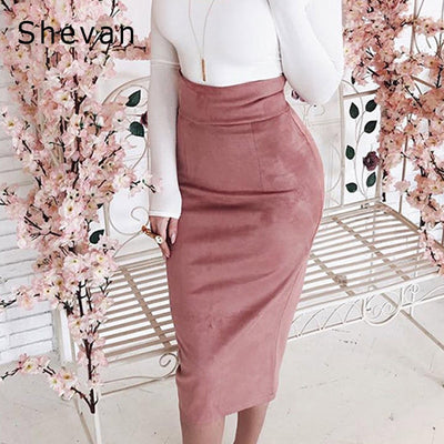 Shevan Midi High Waist Suede Skirt 2019 Winter Elegant Fashion Slim Bodycon Back Slit Brown Green Pink Sexy Pencil Skirt Women