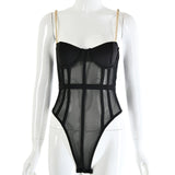 Metal Chain Strap Sexy Mesh Patchork Bodysuit Women Backless Transparent Bodycon Rompers Womens Jumpsuit Black Party Bodysuits