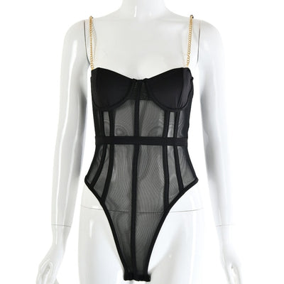 Metal Chain Strap Sexy Mesh Patchork Bodysuit Women Backless Transparent Bodycon Rompers Womens Jumpsuit Black Party Bodysuits