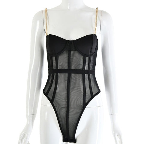 Metal Chain Strap Sexy Mesh Patchork Bodysuit Women Backless Transparent Bodycon Rompers Womens Jumpsuit Black Party Bodysuits