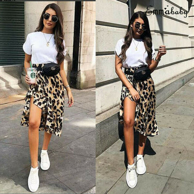 Women High Waisted Stretch Leopard Skirt