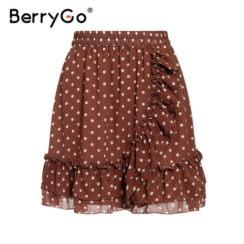 BerryGo Elegant polka dot print mini skirts womens A-line ruffled female skirt 2020 Spring summer holiday beach skirts ladies