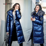 Lusumily 2020 New Women Winter Down Jacket Chic Big Fur Warm Ultra Light Long Coat Female Parka Hooded Glossy Jackets Oversized