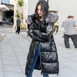 Lusumily 2020 New Women Winter Down Jacket Chic Big Fur Warm Ultra Light Long Coat Female Parka Hooded Glossy Jackets Oversized