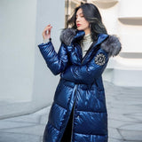 Lusumily 2020 New Women Winter Down Jacket Chic Big Fur Warm Ultra Light Long Coat Female Parka Hooded Glossy Jackets Oversized