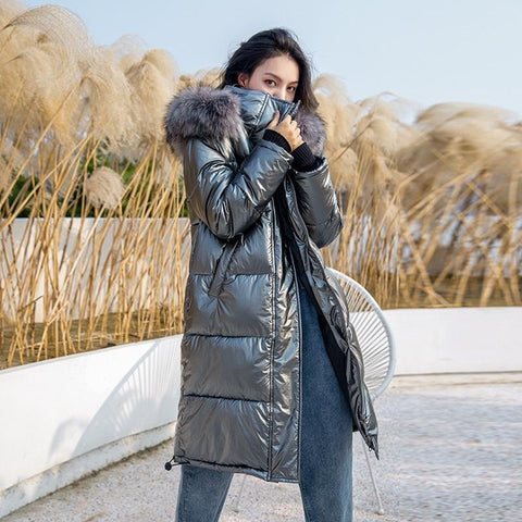 Lusumily 2020 New Women Winter Down Jacket Chic Big Fur Warm Ultra Light Long Coat Female Parka Hooded Glossy Jackets Oversized