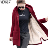 2019 Autumn Winter Women's Fleece Jacket Coats Female Long Hooded Coats Outerwear Warm Thick Female Red Slim Fit Hoodies Jackets