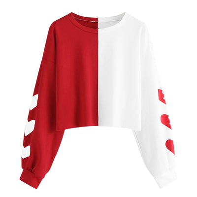 JAYCOSIN Fashion Women Heart Print Patchwork Long Sleeve Sweatshirt Elegant Chic Round Neck Casual Crop Jumper Pullover Tops