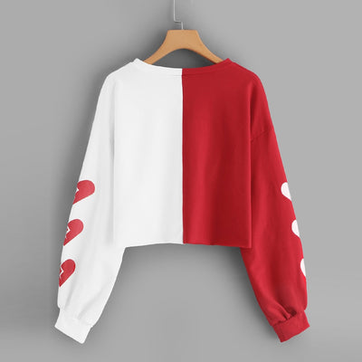 JAYCOSIN Fashion Women Heart Print Patchwork Long Sleeve Sweatshirt Elegant Chic Round Neck Casual Crop Jumper Pullover Tops