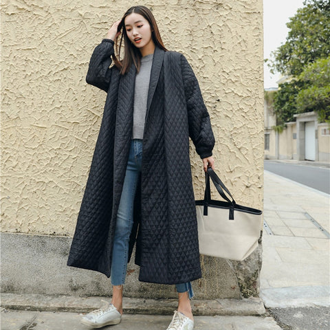 LANMREM New Fashion Black Oversize Lapel Back Vent Button Winter Jacket 2018 Female's Long Cotton Coat Jaqueta Feminina WTH1201