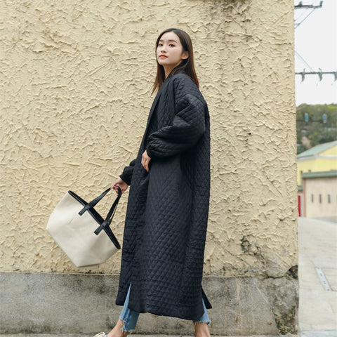 LANMREM New Fashion Black Oversize Lapel Back Vent Button Winter Jacket 2018 Female's Long Cotton Coat Jaqueta Feminina WTH1201