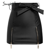 Simplee Sexy leather skirt women elegant High waist bow tie female short mini skirt Party club streetwear ladies plus size skirt