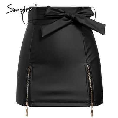 Simplee Sexy leather skirt women elegant High waist bow tie female short mini skirt Party club streetwear ladies plus size skirt