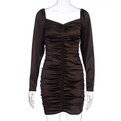Hugcitar 2019 long puff sleeve slash neck satin pleated sexy mini dress autumn winter women solid party elegant streetwear outfi