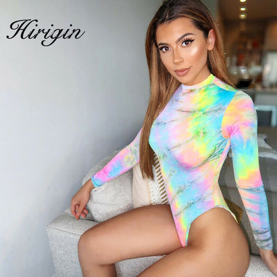 Fashion Tie Dye Print Bodycon Bodysuits Autumn Winter New 2019 Women Sexy Long Sleeve O Neck Skinny Party Streetwear Body