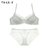 Hollow Sexy Bra Ultrathin Underwear Set Plus Size C D Cup Women Transparent Bra Sets Lace Embroidery Lingerie Gray Brassiere
