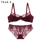 Hollow Sexy Bra Ultrathin Underwear Set Plus Size C D Cup Women Transparent Bra Sets Lace Embroidery Lingerie Gray Brassiere