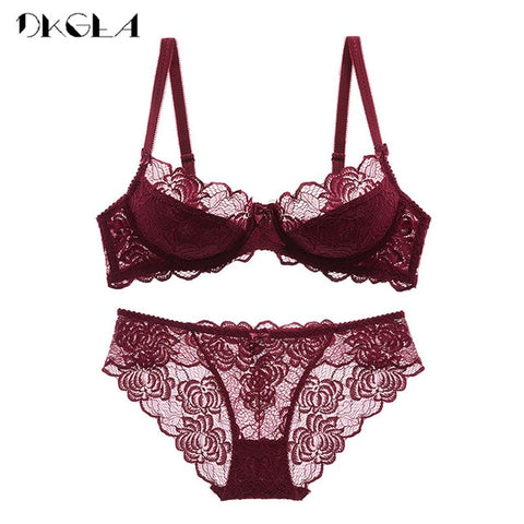 Hollow Sexy Bra Ultrathin Underwear Set Plus Size C D Cup Women Transparent Bra Sets Lace Embroidery Lingerie Gray Brassiere