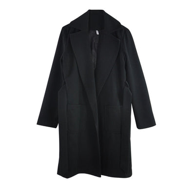 MVGIRLRU elegant Long Women's coat lapel 2 pockets belted Jackets solid color coats Female Outerwear