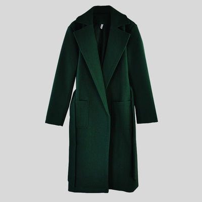 MVGIRLRU elegant Long Women's coat lapel 2 pockets belted Jackets solid color coats Female Outerwear