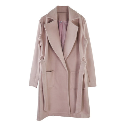 MVGIRLRU elegant Long Women's coat lapel 2 pockets belted Jackets solid color coats Female Outerwear