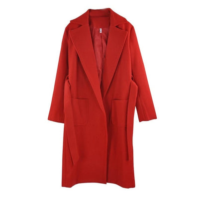 MVGIRLRU elegant Long Women's coat lapel 2 pockets belted Jackets solid color coats Female Outerwear