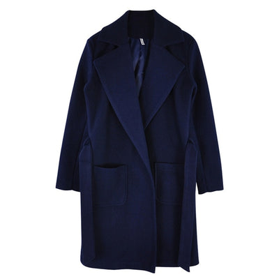 MVGIRLRU elegant Long Women's coat lapel 2 pockets belted Jackets solid color coats Female Outerwear
