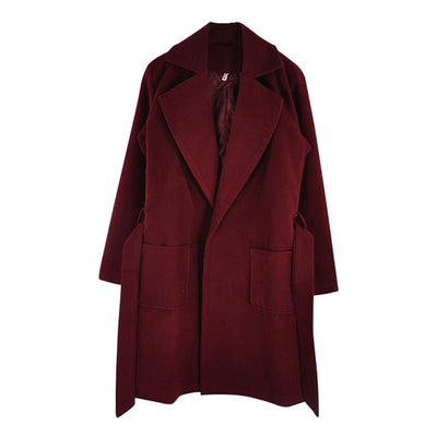 MVGIRLRU elegant Long Women's coat lapel 2 pockets belted Jackets solid color coats Female Outerwear