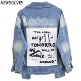 NEWDISCVY Back Letter Printed Denim Jacket 2019 Autumn Ripped Holes Jean Coat Patchwork BF Style Jeans Coats And Jackets