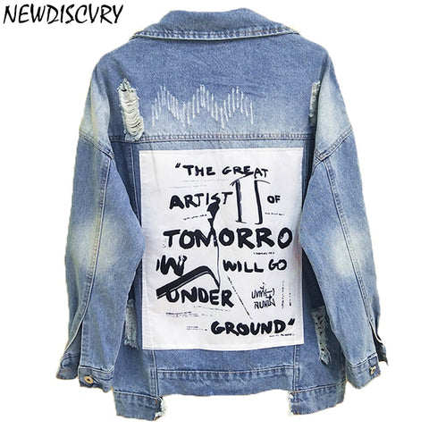 NEWDISCVY Back Letter Printed Denim Jacket 2019 Autumn Ripped Holes Jean Coat Patchwork BF Style Jeans Coats And Jackets
