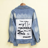 NEWDISCVY Back Letter Printed Denim Jacket 2019 Autumn Ripped Holes Jean Coat Patchwork BF Style Jeans Coats And Jackets