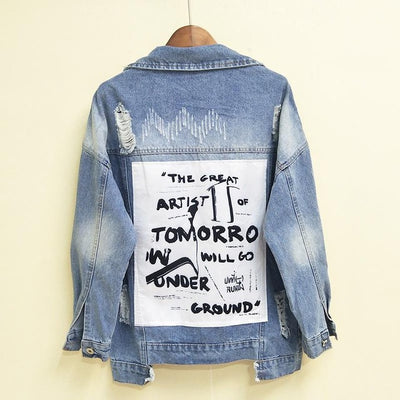 NEWDISCVY Back Letter Printed Denim Jacket 2019 Autumn Ripped Holes Jean Coat Patchwork BF Style Jeans Coats And Jackets