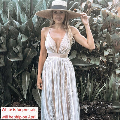 Affogatoo Sexy deep v neck backless summer pink dress women Elegant lace evening maxi dress Holiday long party dress ladies 2019