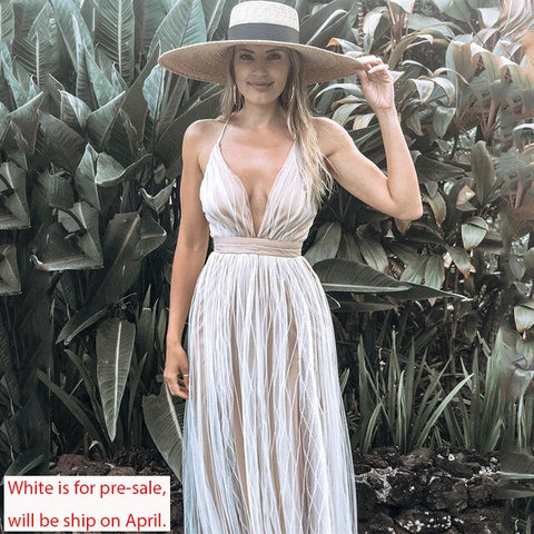 Affogatoo Sexy deep v neck backless summer pink dress women Elegant lace evening maxi dress Holiday long party dress ladies 2019