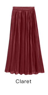 Trytree Spring Summer Pleated Skirt Womens Vintage High Waist Skirt Solid Long Skirts New Fashion Casual Metallic Skirt Female