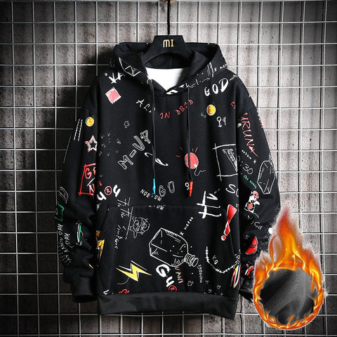 SingleRoad Men's Winter Hoodies Men 2019 Fleece Graffiti Sweatshirt Male Hip Hop Harajuku Japanese Streetwear Yellow Hoodie Men
