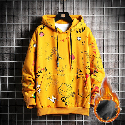 SingleRoad Men's Winter Hoodies Men 2019 Fleece Graffiti Sweatshirt Male Hip Hop Harajuku Japanese Streetwear Yellow Hoodie Men