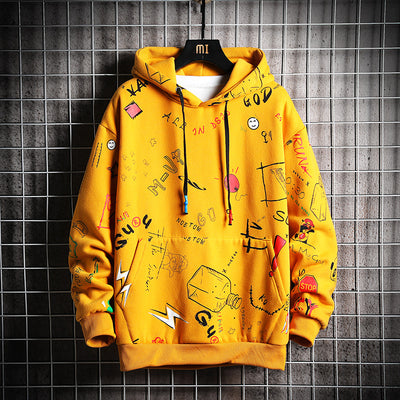 SingleRoad Men's Winter Hoodies Men 2019 Fleece Graffiti Sweatshirt Male Hip Hop Harajuku Japanese Streetwear Yellow Hoodie Men
