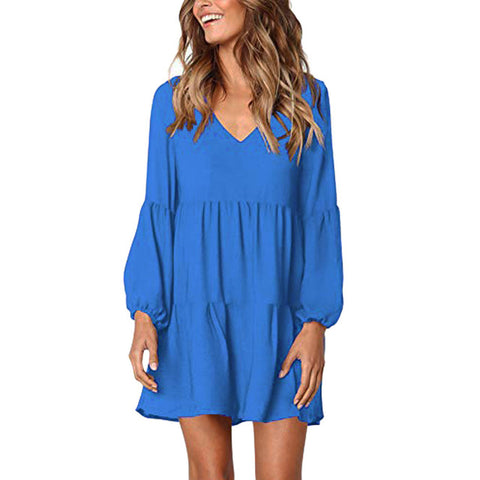 Casual sexy dress Spring Summer 2019 New fashion Women Solid Lantern Long Sleeve party dress V-Neck Draped Knee-Length Dress
