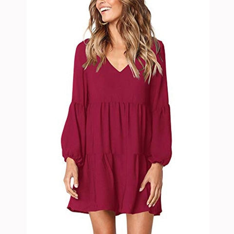 Casual sexy dress Spring Summer 2019 New fashion Women Solid Lantern Long Sleeve party dress V-Neck Draped Knee-Length Dress