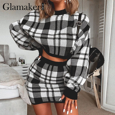 Glamaker Plaid knitted two-piece suit sexy autumn Dress women elegant winter sweater dress Sexy female fashion party short dress