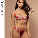 Ellolace Sexy Underwear Women Set Mesh Lingerie 2 Piece Set See Through Bralette and Thong Bandage G-String Spaghetti Straps