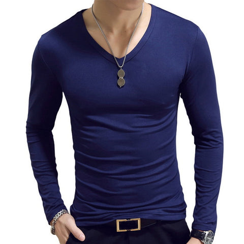 2019  Men Casual T Shirts Long Sleeve  Tops Tees Shirt Mens Clothing Fashion V Neck Tshirt Undetshirts 3XL Oversized