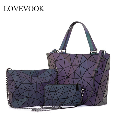 Lovevook women handbag luxury shoulder bag set geometric luminous bag Tote crossbody bag female purse and wallet for ladies 2020
