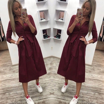 Women Casual Sashes a Line Party Dress Ladies Button Turn Down Collar OL Style Shirt Dress 2019 Summer Solid Knee Dress