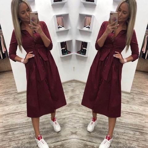 Women Casual Sashes a Line Party Dress Ladies Button Turn Down Collar OL Style Shirt Dress 2019 Summer Solid Knee Dress