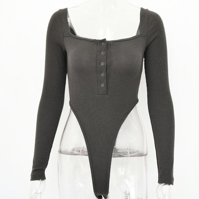 Articat Black Off Shoulder Sexy Bodysuit Women Long Sleeve Slash Buttons Bodycon Rompers Womens Jumpsuit Solid Summer Body Suit