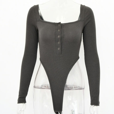 Articat Black Off Shoulder Sexy Bodysuit Women Long Sleeve Slash Buttons Bodycon Rompers Womens Jumpsuit Solid Summer Body Suit