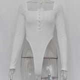 Articat Black Off Shoulder Sexy Bodysuit Women Long Sleeve Slash Buttons Bodycon Rompers Womens Jumpsuit Solid Summer Body Suit